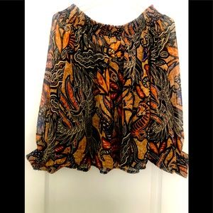 Loose,  orange/tangerine/black light blouse - off shoulder or on